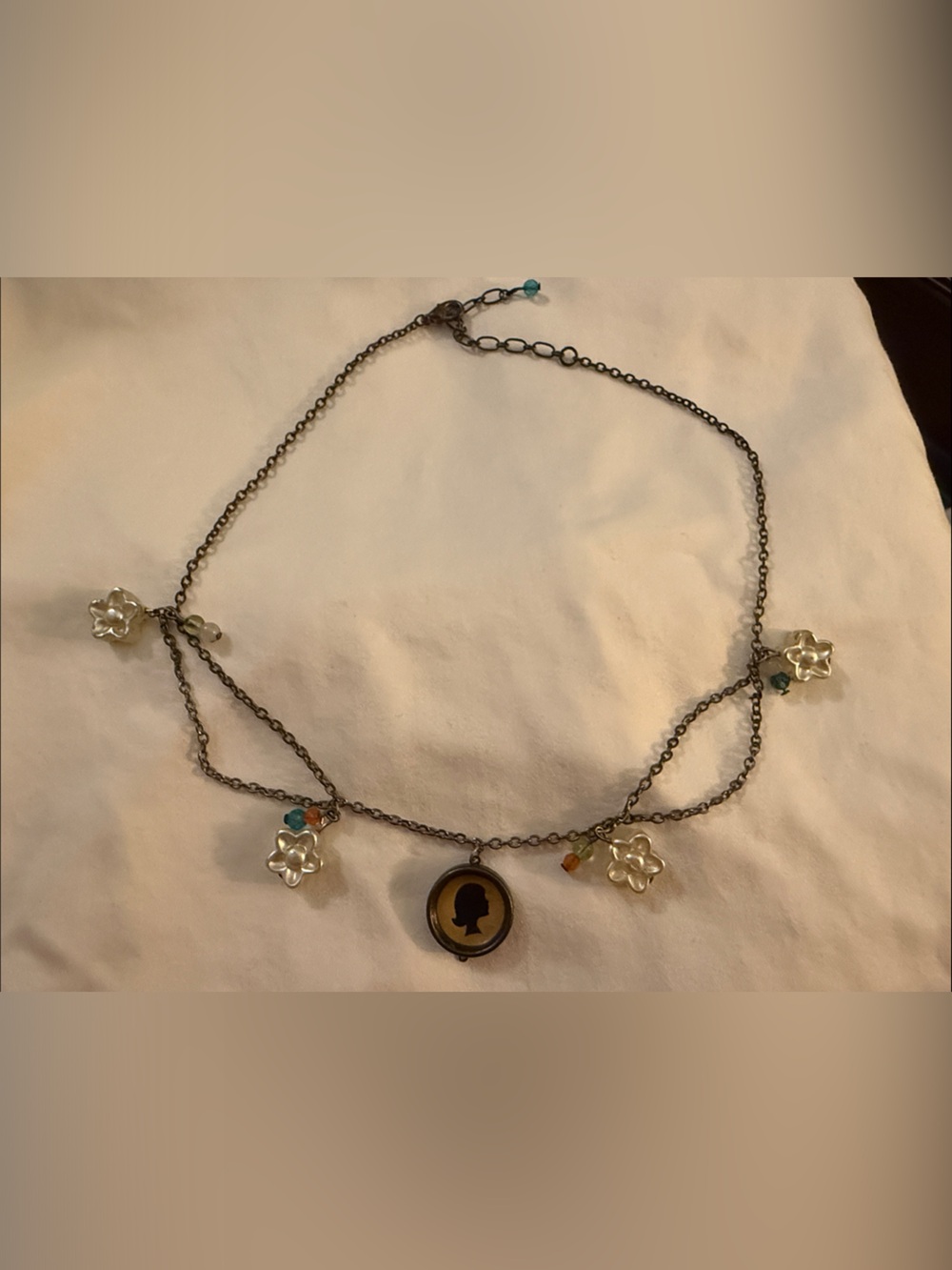 Artisan Gunmetal Floral Cameo Necklace with Turquoise and Amber Beads